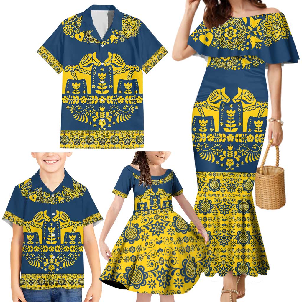 Sweden Daleclarian Horse Family Matching Mermaid Dress and Hawaiian Shirt Floral Folk Pattern Blue Version