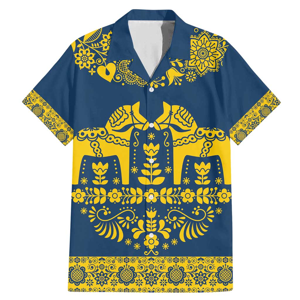 Sweden Daleclarian Horse Family Matching Mermaid Dress and Hawaiian Shirt Floral Folk Pattern Blue Version