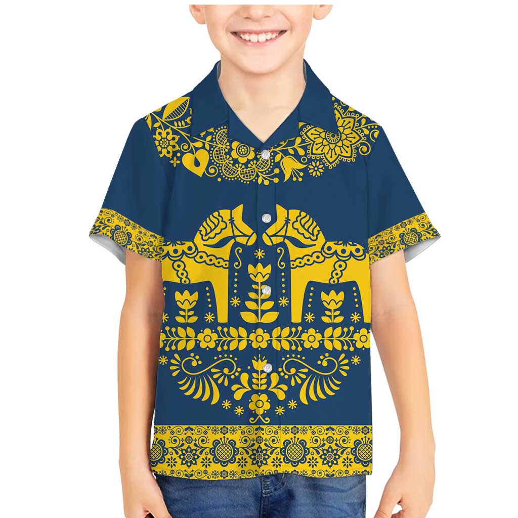 Sweden Daleclarian Horse Family Matching Mermaid Dress and Hawaiian Shirt Floral Folk Pattern Blue Version