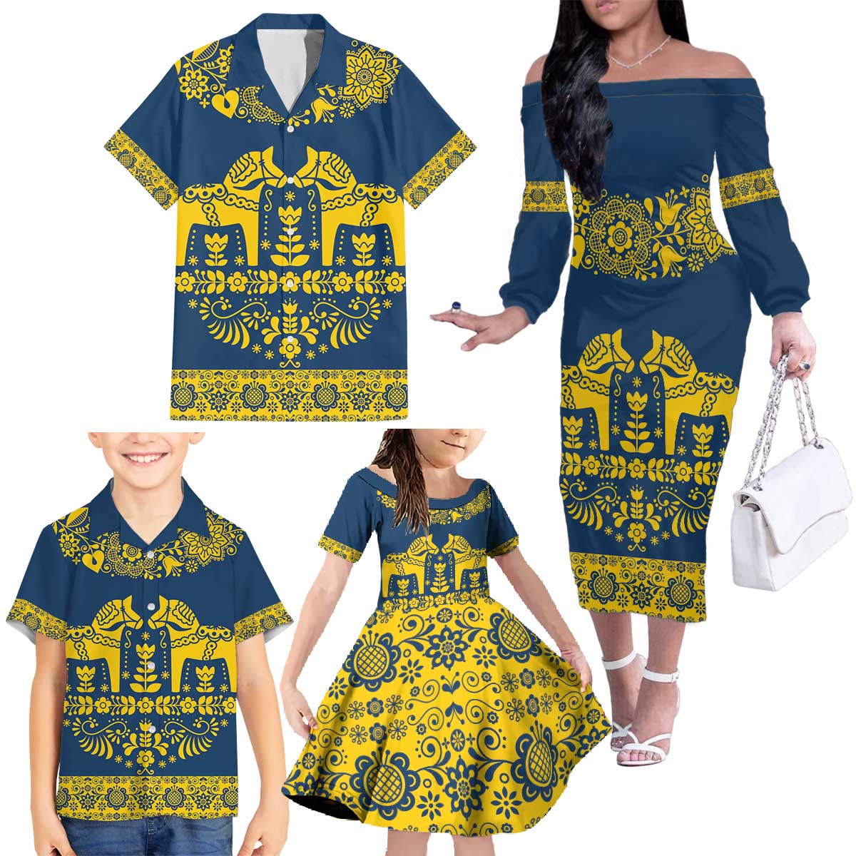 Sweden Daleclarian Horse Family Matching Off The Shoulder Long Sleeve Dress and Hawaiian Shirt Floral Folk Pattern Blue Version