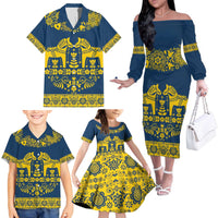 Sweden Daleclarian Horse Family Matching Off The Shoulder Long Sleeve Dress and Hawaiian Shirt Floral Folk Pattern Blue Version