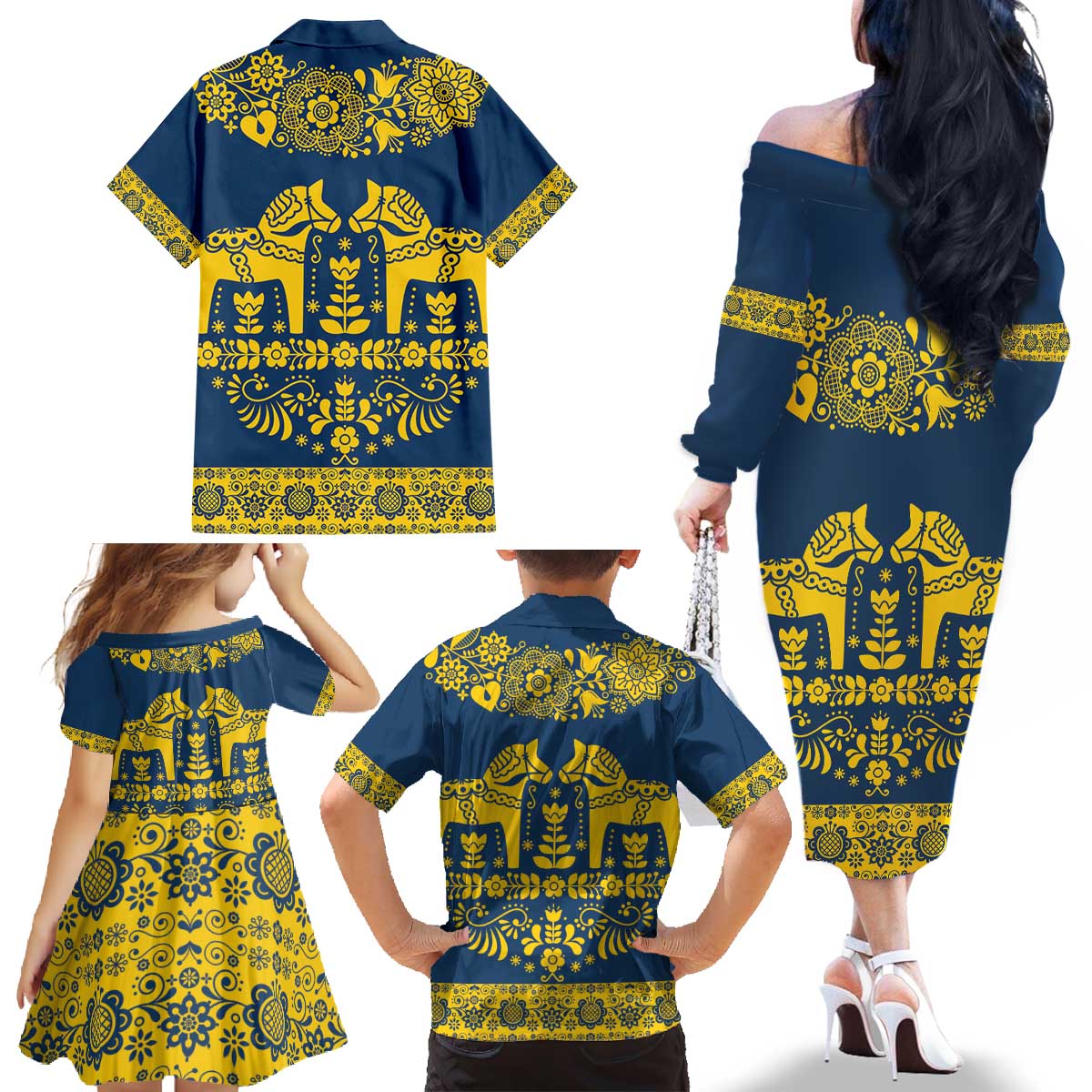 Sweden Daleclarian Horse Family Matching Off The Shoulder Long Sleeve Dress and Hawaiian Shirt Floral Folk Pattern Blue Version