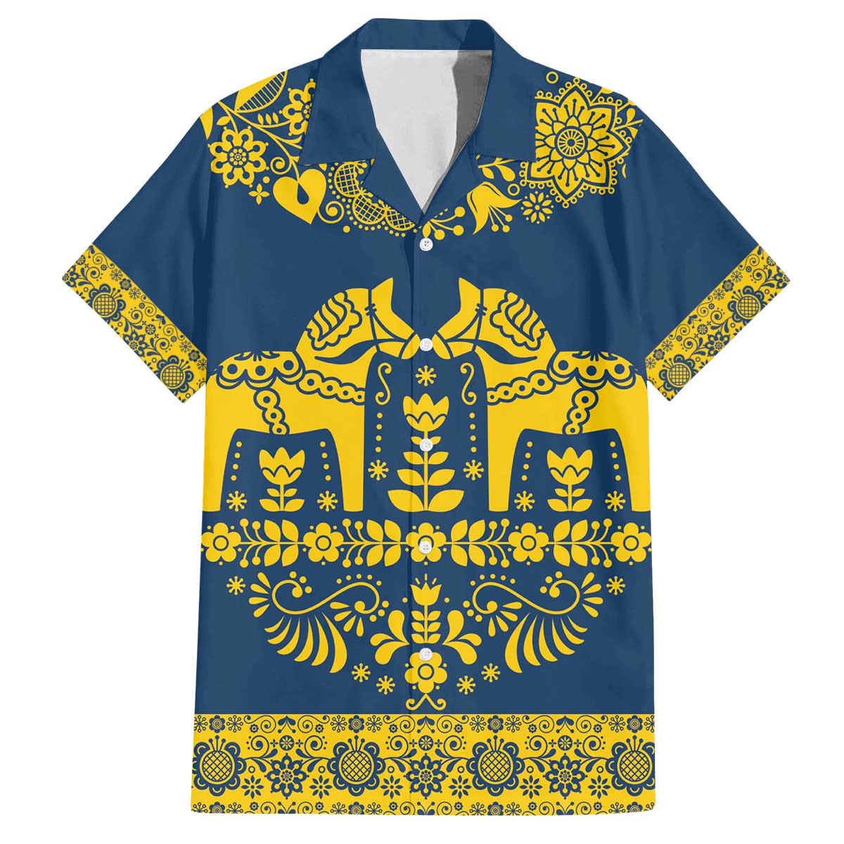 Sweden Daleclarian Horse Family Matching Off The Shoulder Long Sleeve Dress and Hawaiian Shirt Floral Folk Pattern Blue Version
