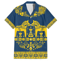 Sweden Daleclarian Horse Family Matching Off The Shoulder Long Sleeve Dress and Hawaiian Shirt Floral Folk Pattern Blue Version