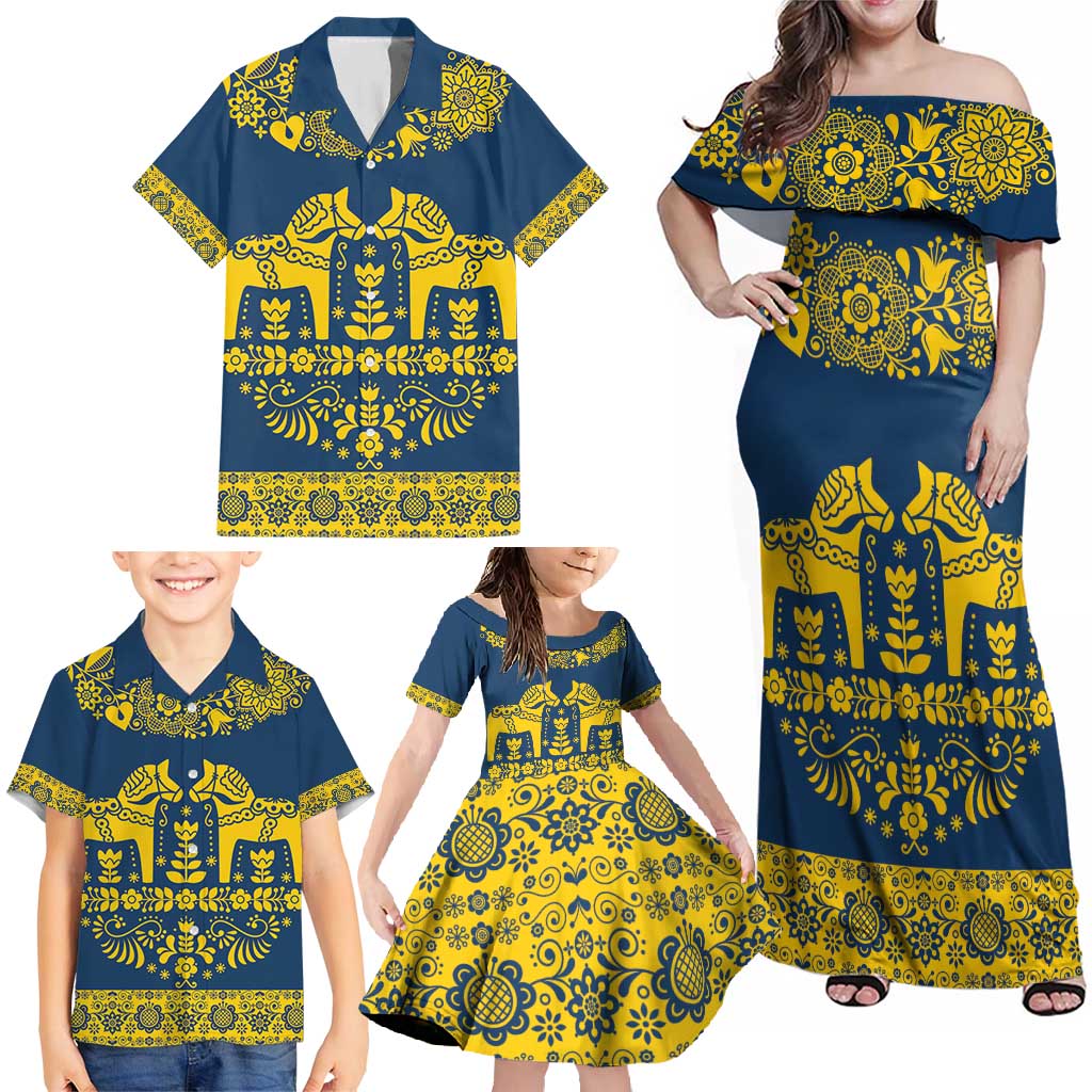 Sweden Daleclarian Horse Family Matching Off Shoulder Maxi Dress and Hawaiian Shirt Floral Folk Pattern Blue Version
