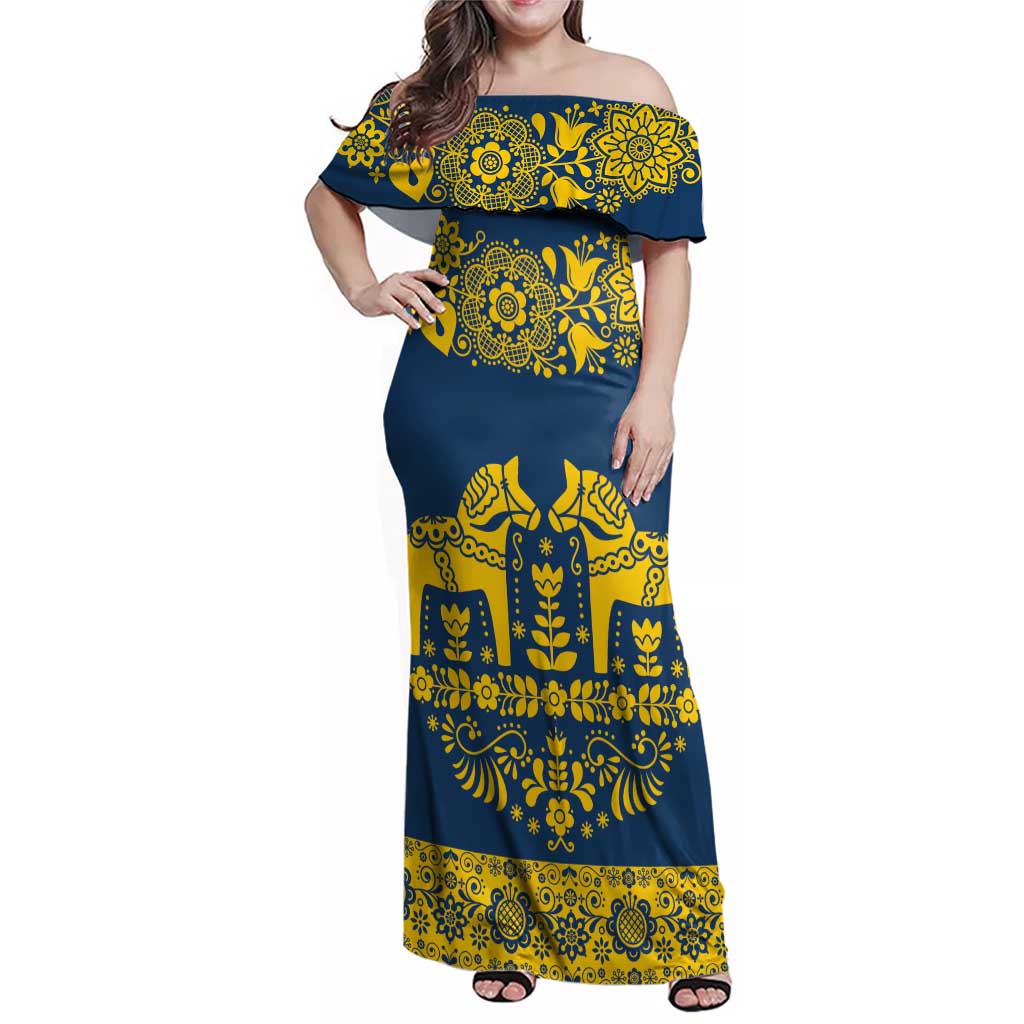 Sweden Daleclarian Horse Family Matching Off Shoulder Maxi Dress and Hawaiian Shirt Floral Folk Pattern Blue Version