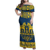Sweden Daleclarian Horse Family Matching Off Shoulder Maxi Dress and Hawaiian Shirt Floral Folk Pattern Blue Version