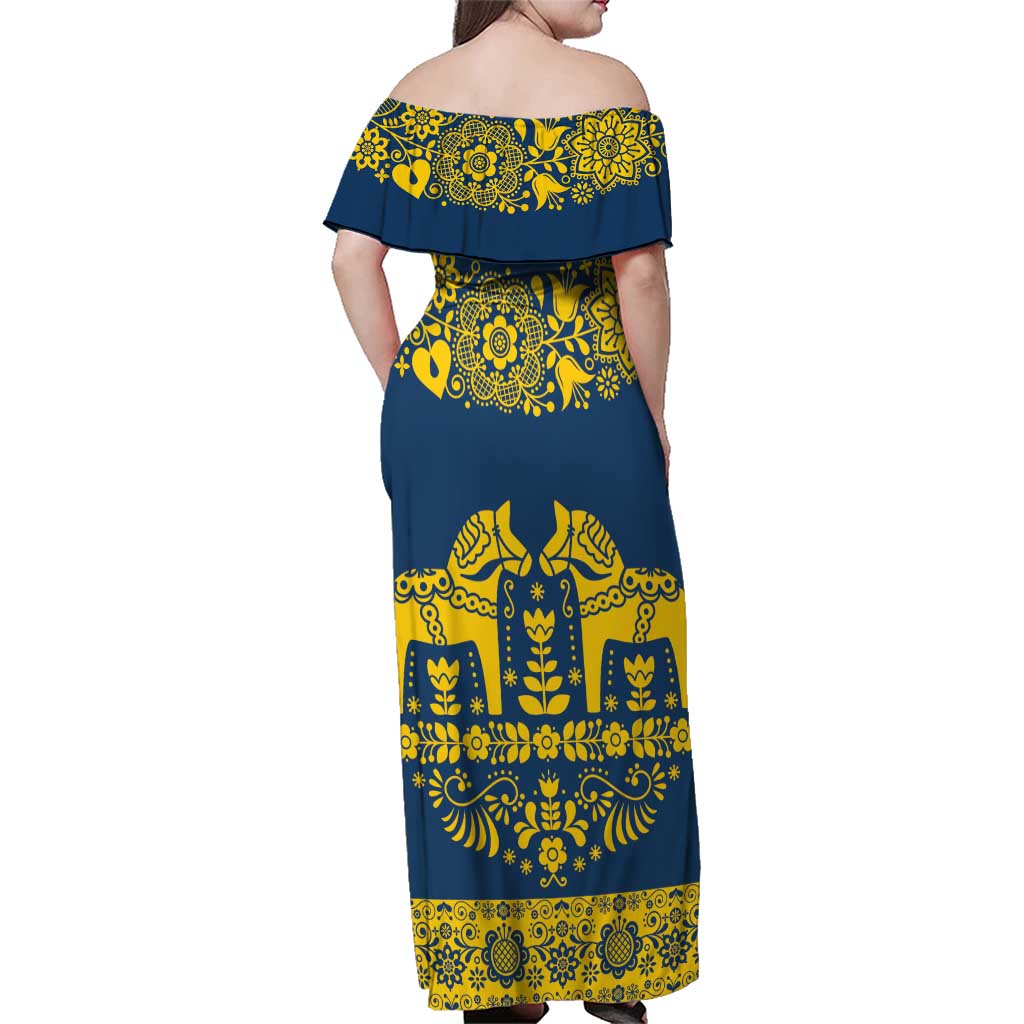Sweden Daleclarian Horse Family Matching Off Shoulder Maxi Dress and Hawaiian Shirt Floral Folk Pattern Blue Version