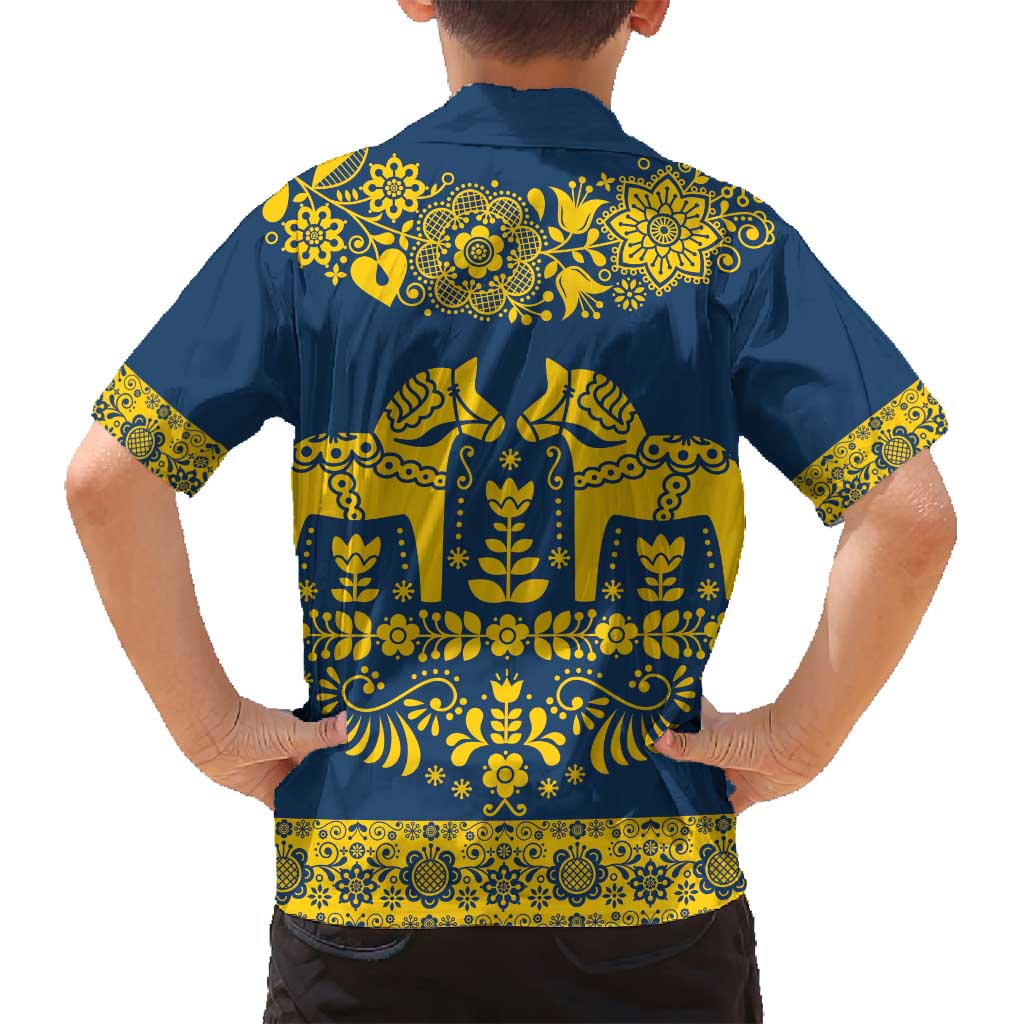 Sweden Daleclarian Horse Family Matching Off Shoulder Short Dress and Hawaiian Shirt Floral Folk Pattern Blue Version