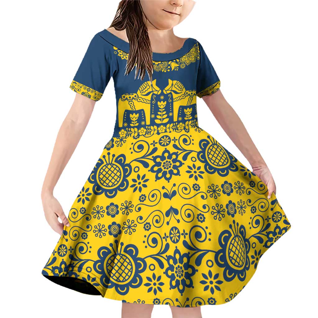 Sweden Daleclarian Horse Family Matching Off Shoulder Short Dress and Hawaiian Shirt Floral Folk Pattern Blue Version
