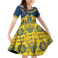 Sweden Daleclarian Horse Family Matching Off Shoulder Short Dress and Hawaiian Shirt Floral Folk Pattern Blue Version