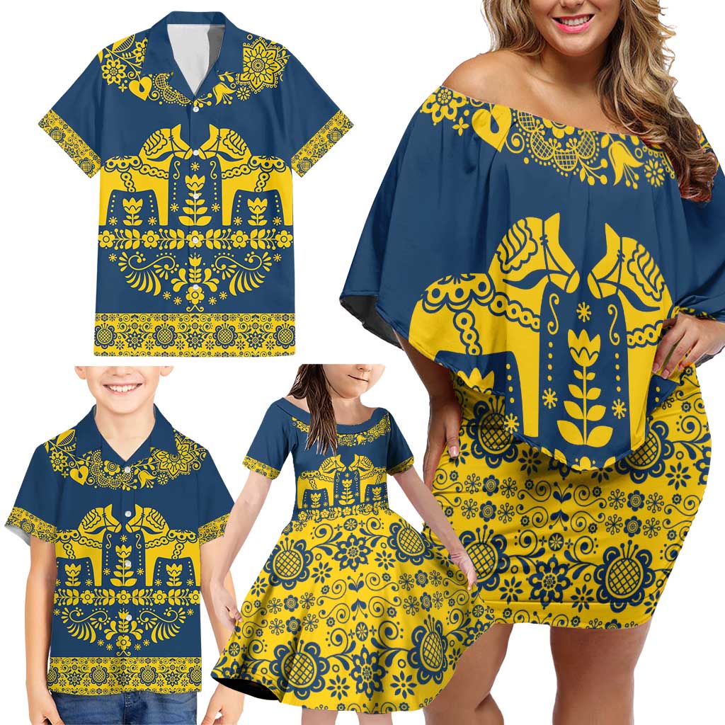Sweden Daleclarian Horse Family Matching Off Shoulder Short Dress and Hawaiian Shirt Floral Folk Pattern Blue Version