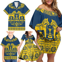 Sweden Daleclarian Horse Family Matching Off Shoulder Short Dress and Hawaiian Shirt Floral Folk Pattern Blue Version