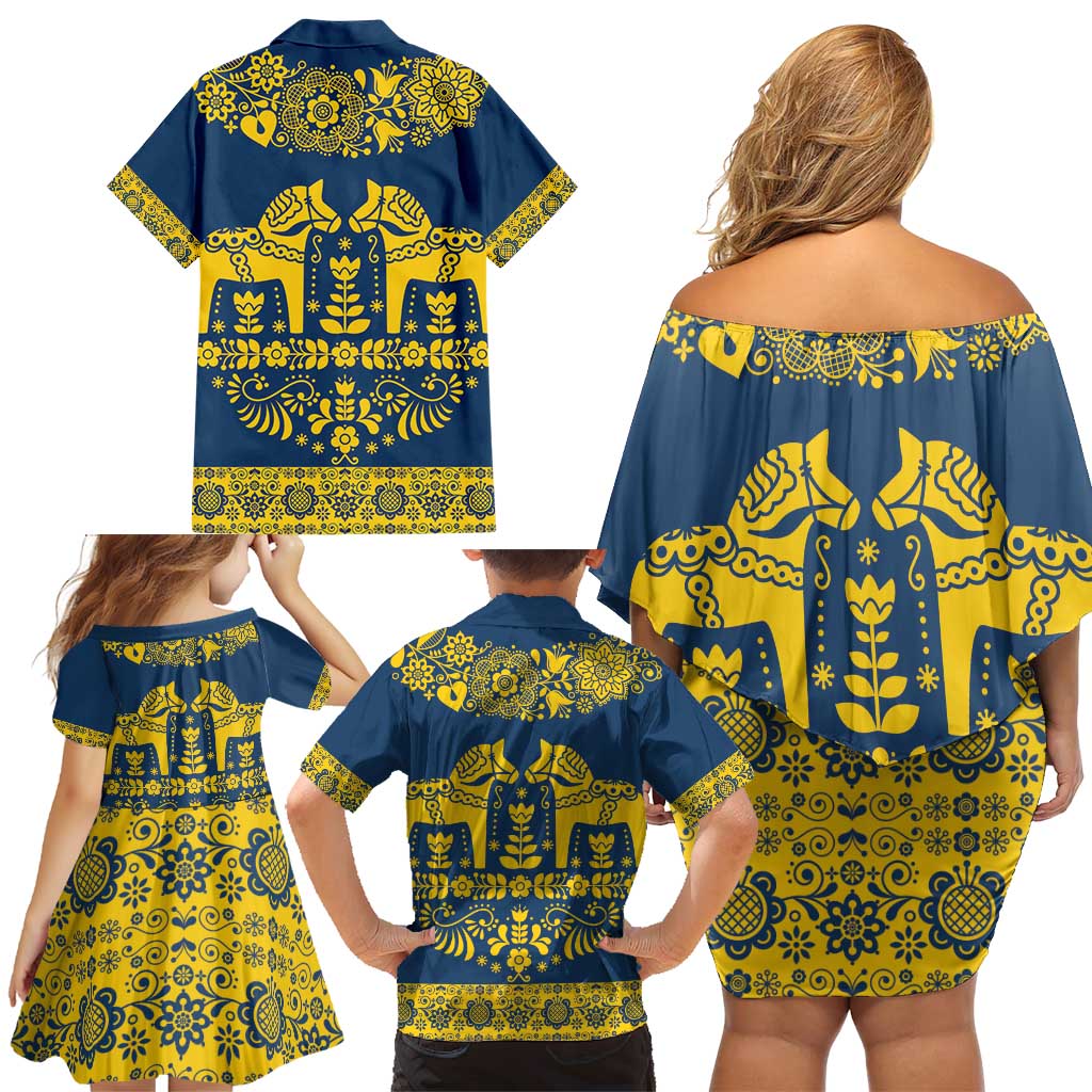 Sweden Daleclarian Horse Family Matching Off Shoulder Short Dress and Hawaiian Shirt Floral Folk Pattern Blue Version