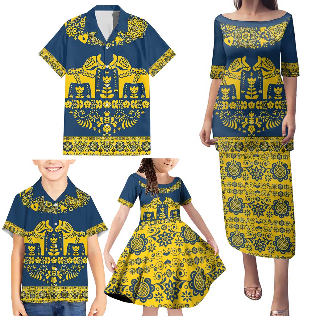 Sweden Daleclarian Horse Family Matching Puletasi and Hawaiian Shirt Floral Folk Pattern Blue Version