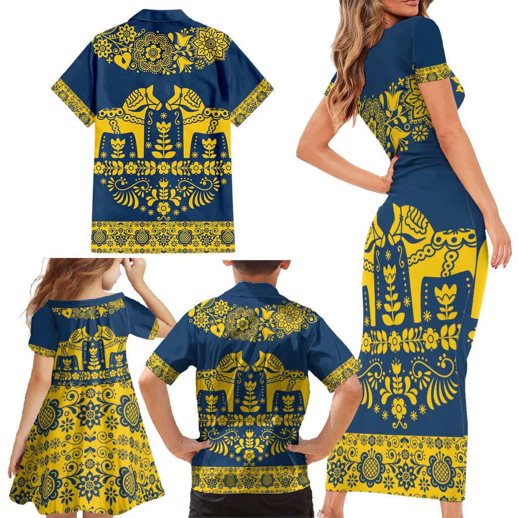 Sweden Daleclarian Horse Family Matching Short Sleeve Bodycon Dress and Hawaiian Shirt Floral Folk Pattern Blue Version