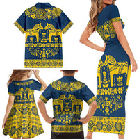 Sweden Daleclarian Horse Family Matching Short Sleeve Bodycon Dress and Hawaiian Shirt Floral Folk Pattern Blue Version