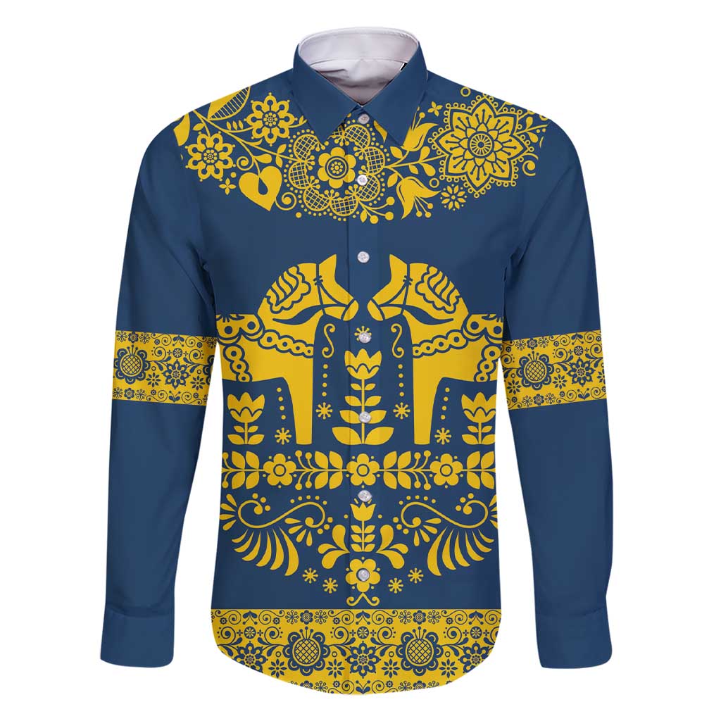 Sweden Daleclarian Horse Family Matching Short Sleeve Bodycon Dress and Hawaiian Shirt Floral Folk Pattern Blue Version