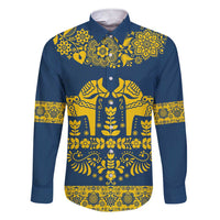 Sweden Daleclarian Horse Family Matching Short Sleeve Bodycon Dress and Hawaiian Shirt Floral Folk Pattern Blue Version