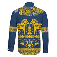 Sweden Daleclarian Horse Family Matching Short Sleeve Bodycon Dress and Hawaiian Shirt Floral Folk Pattern Blue Version