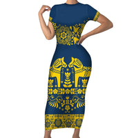 Sweden Daleclarian Horse Family Matching Short Sleeve Bodycon Dress and Hawaiian Shirt Floral Folk Pattern Blue Version
