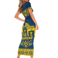 Sweden Daleclarian Horse Family Matching Short Sleeve Bodycon Dress and Hawaiian Shirt Floral Folk Pattern Blue Version