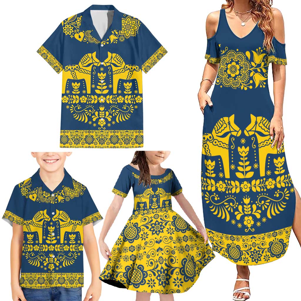 Sweden Daleclarian Horse Family Matching Summer Maxi Dress and Hawaiian Shirt Floral Folk Pattern Blue Version