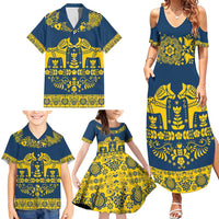 Sweden Daleclarian Horse Family Matching Summer Maxi Dress and Hawaiian Shirt Floral Folk Pattern Blue Version
