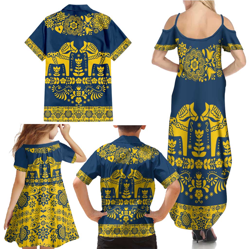 Sweden Daleclarian Horse Family Matching Summer Maxi Dress and Hawaiian Shirt Floral Folk Pattern Blue Version