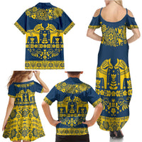 Sweden Daleclarian Horse Family Matching Summer Maxi Dress and Hawaiian Shirt Floral Folk Pattern Blue Version