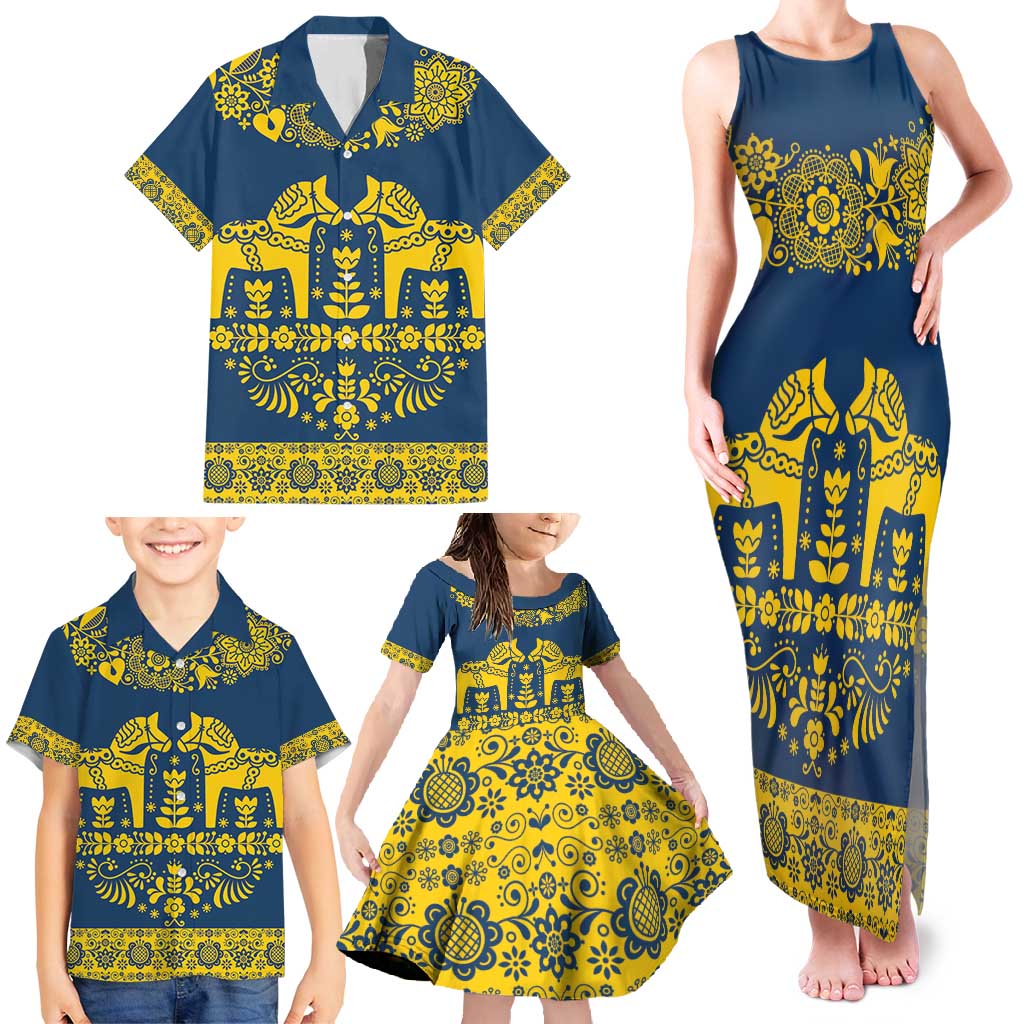 Sweden Daleclarian Horse Family Matching Tank Maxi Dress and Hawaiian Shirt Floral Folk Pattern Blue Version