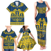 Sweden Daleclarian Horse Family Matching Tank Maxi Dress and Hawaiian Shirt Floral Folk Pattern Blue Version