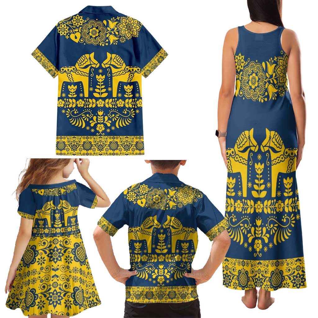Sweden Daleclarian Horse Family Matching Tank Maxi Dress and Hawaiian Shirt Floral Folk Pattern Blue Version