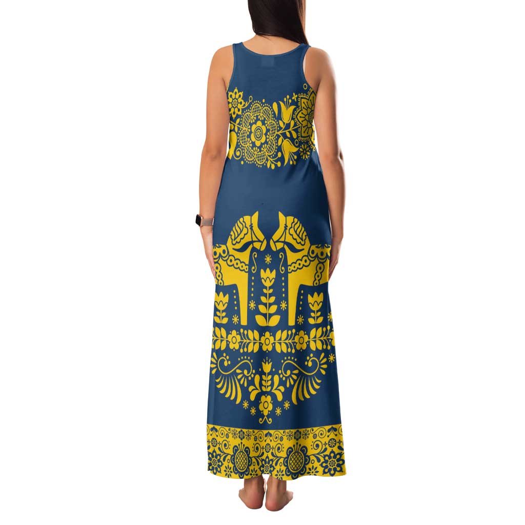 Sweden Daleclarian Horse Family Matching Tank Maxi Dress and Hawaiian Shirt Floral Folk Pattern Blue Version