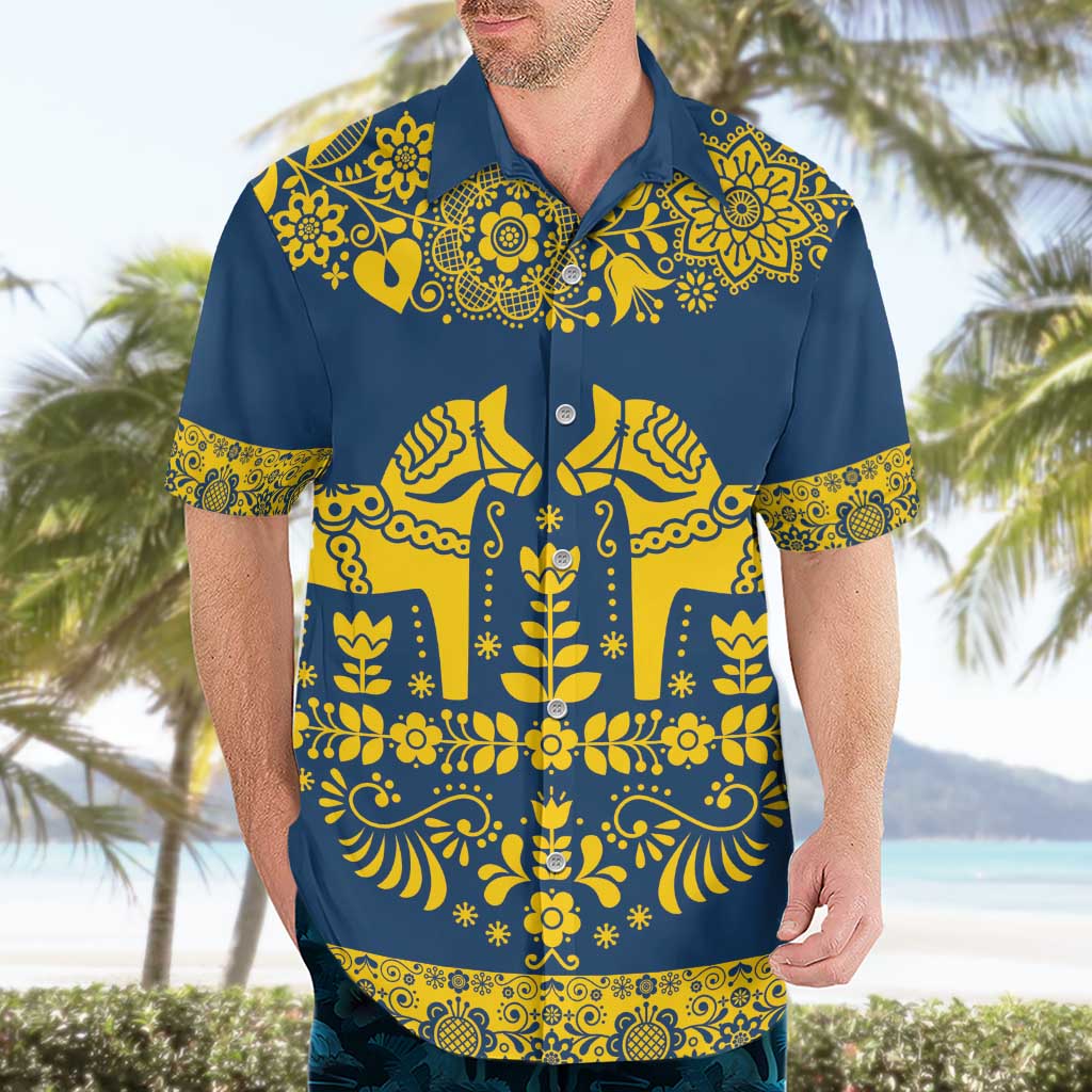 Sweden Daleclarian Horse Hawaiian Shirt Floral Folk Pattern Blue Version
