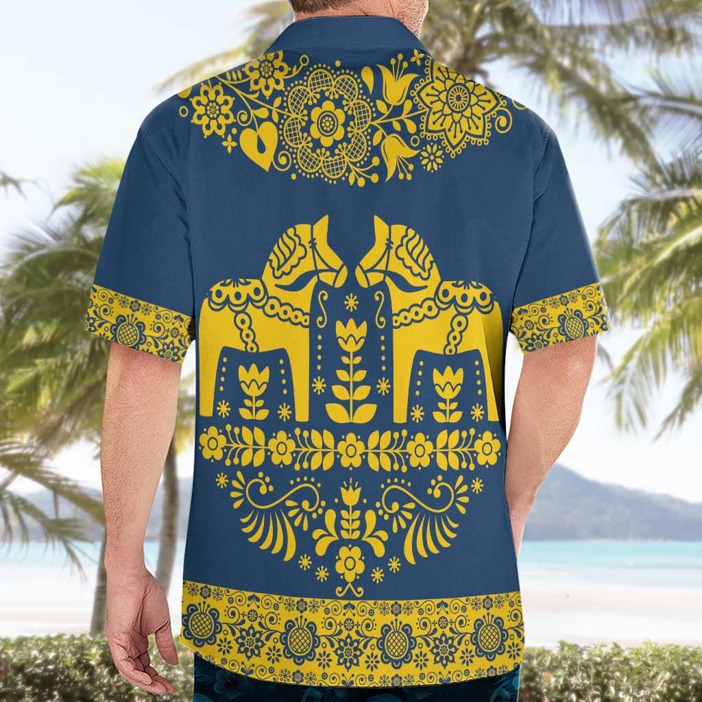 Sweden Daleclarian Horse Hawaiian Shirt Floral Folk Pattern Blue Version