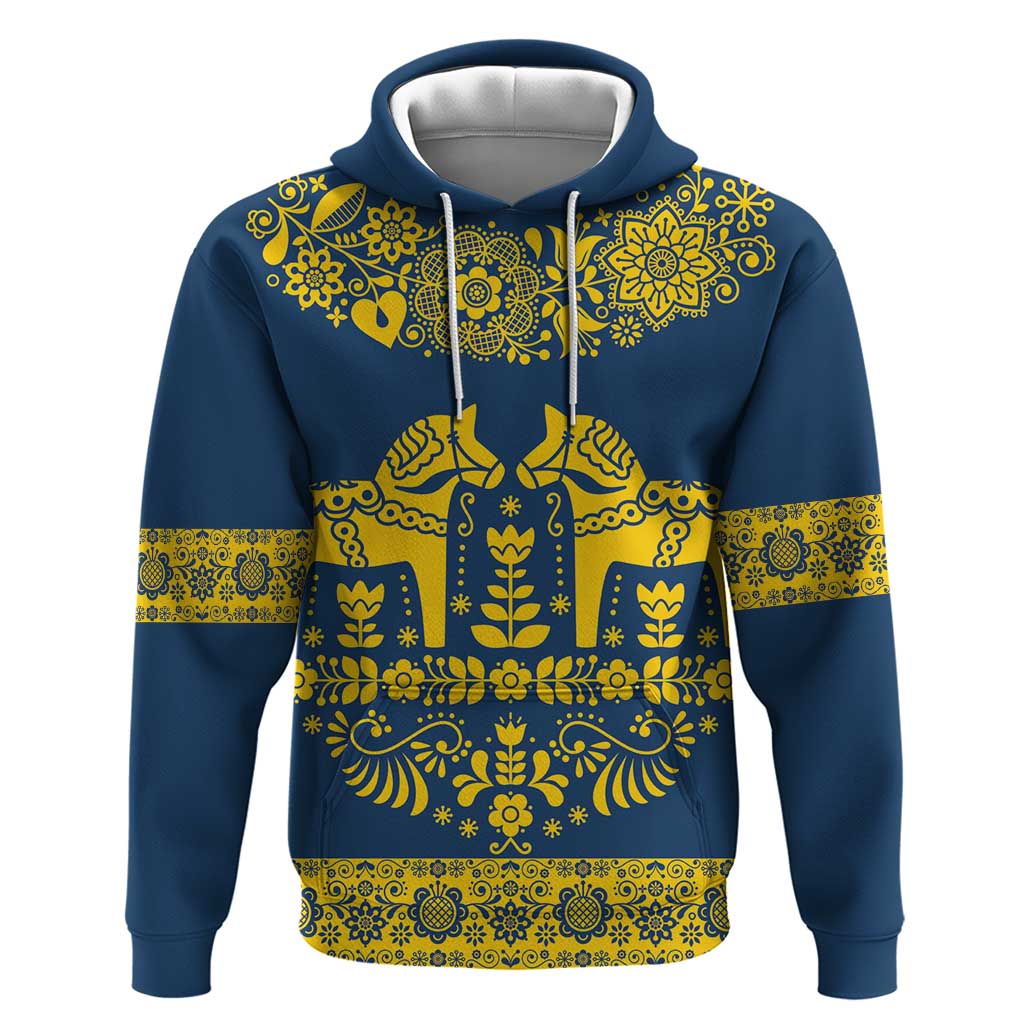 Sweden Daleclarian Horse Hoodie Floral Folk Pattern Blue Version