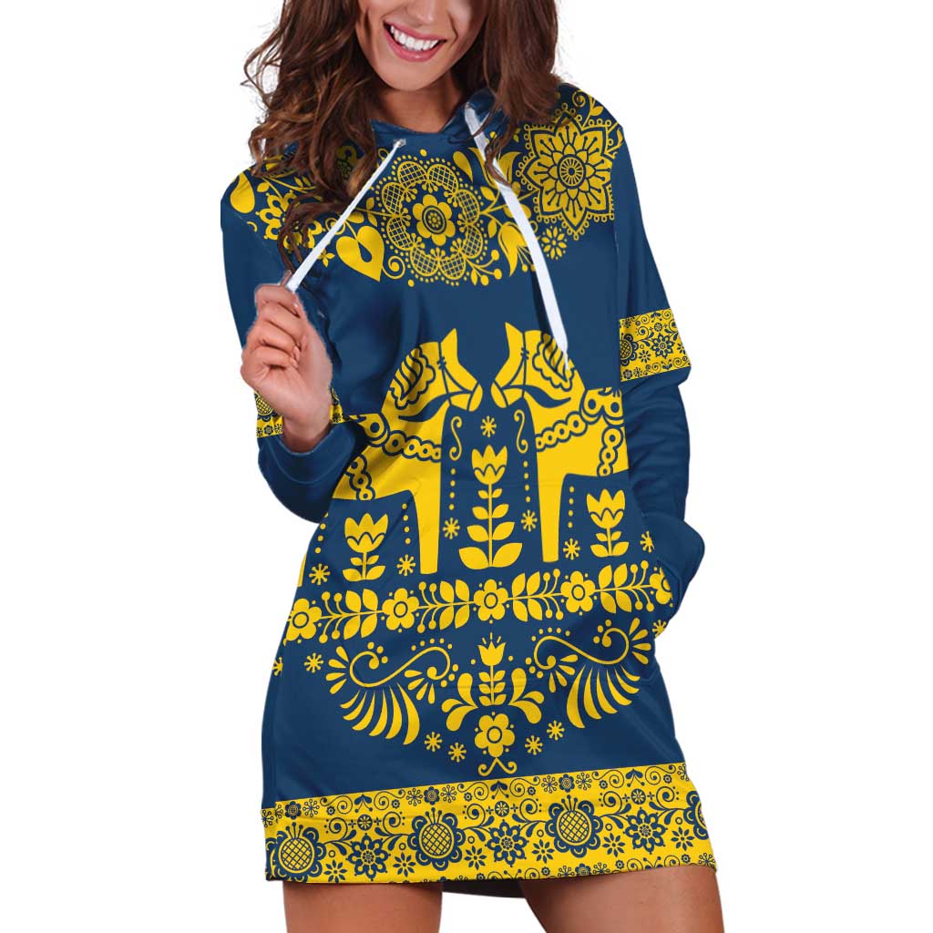 Sweden Daleclarian Horse Hoodie Dress Floral Folk Pattern Blue Version