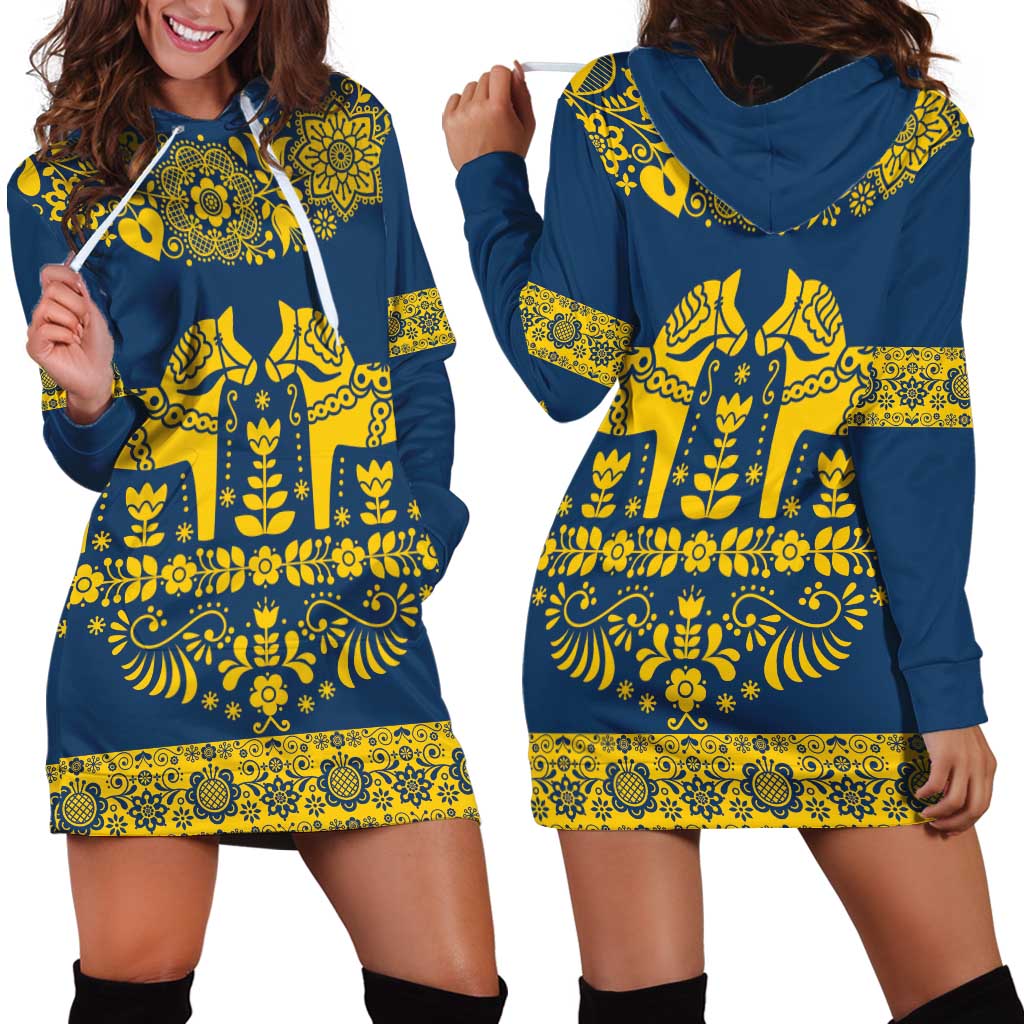Sweden Daleclarian Horse Hoodie Dress Floral Folk Pattern Blue Version