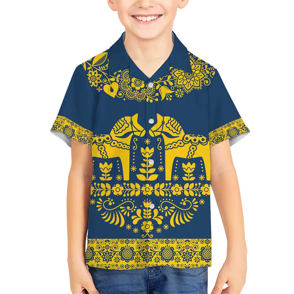 Sweden Daleclarian Horse Kid Hawaiian Shirt Floral Folk Pattern Blue Version