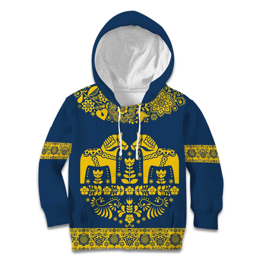 Sweden Daleclarian Horse Kid Hoodie Floral Folk Pattern Blue Version