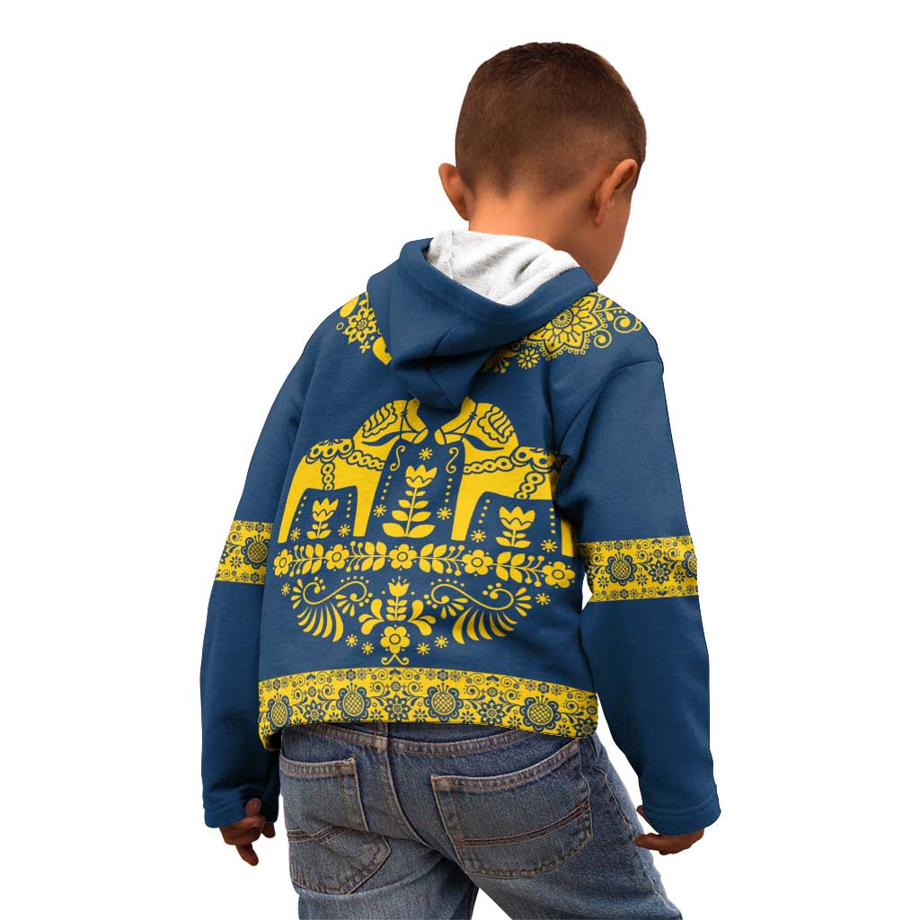 Sweden Daleclarian Horse Kid Hoodie Floral Folk Pattern Blue Version