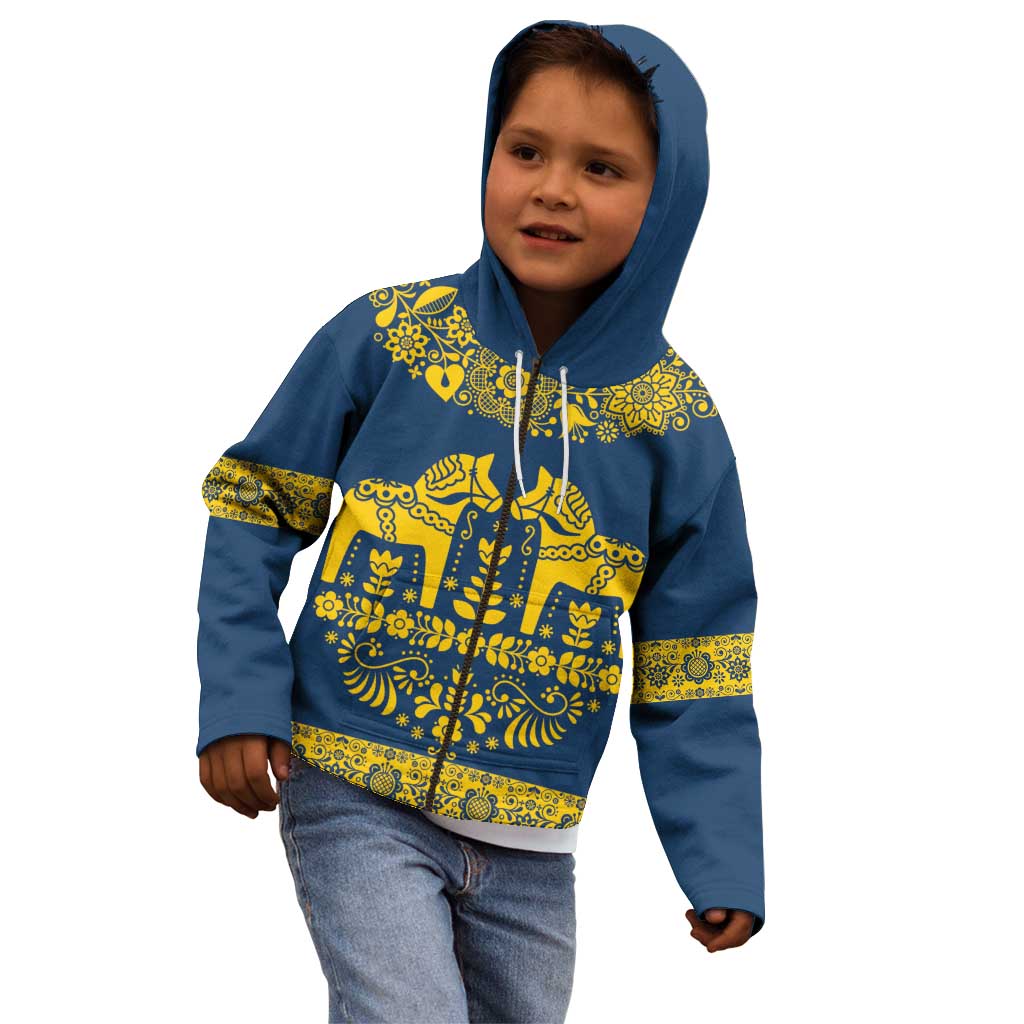 Sweden Daleclarian Horse Kid Hoodie Floral Folk Pattern Blue Version