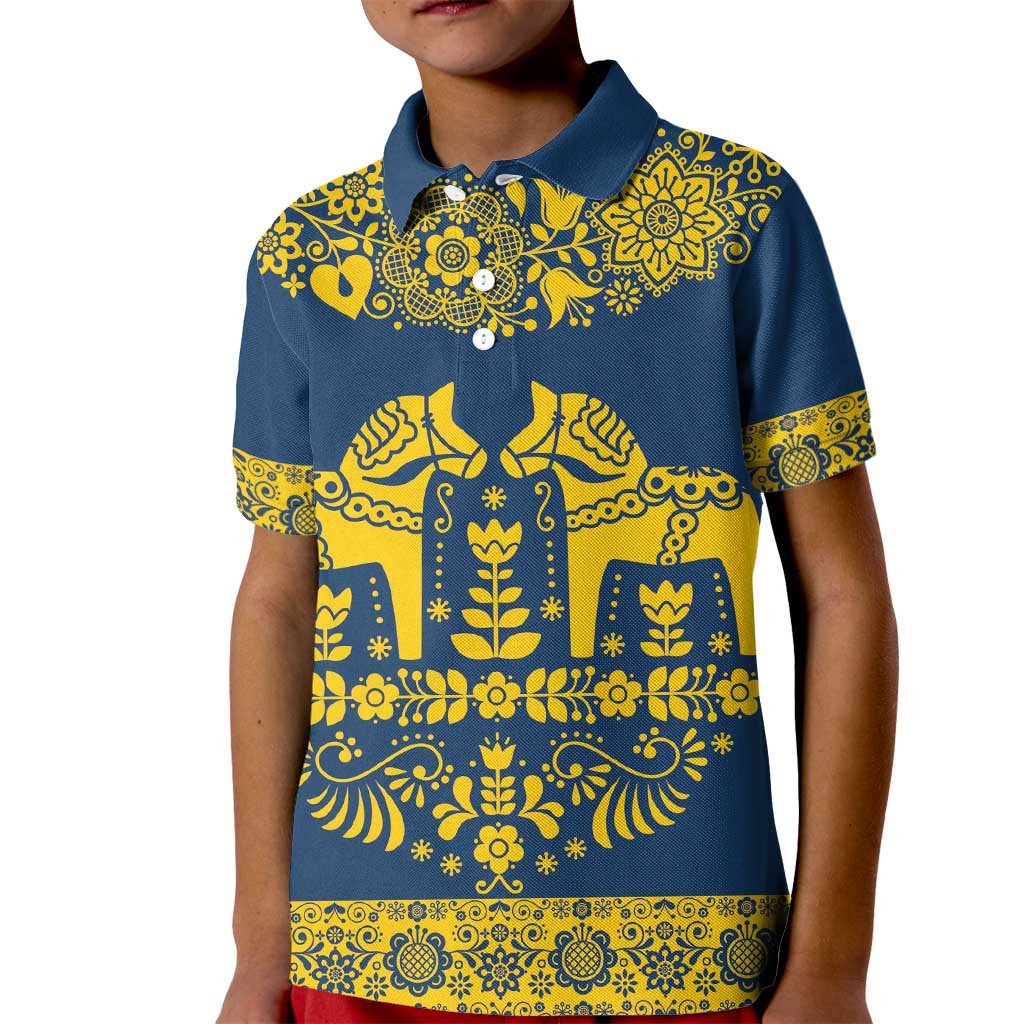Sweden Daleclarian Horse Kid Polo Shirt Floral Folk Pattern Blue Version