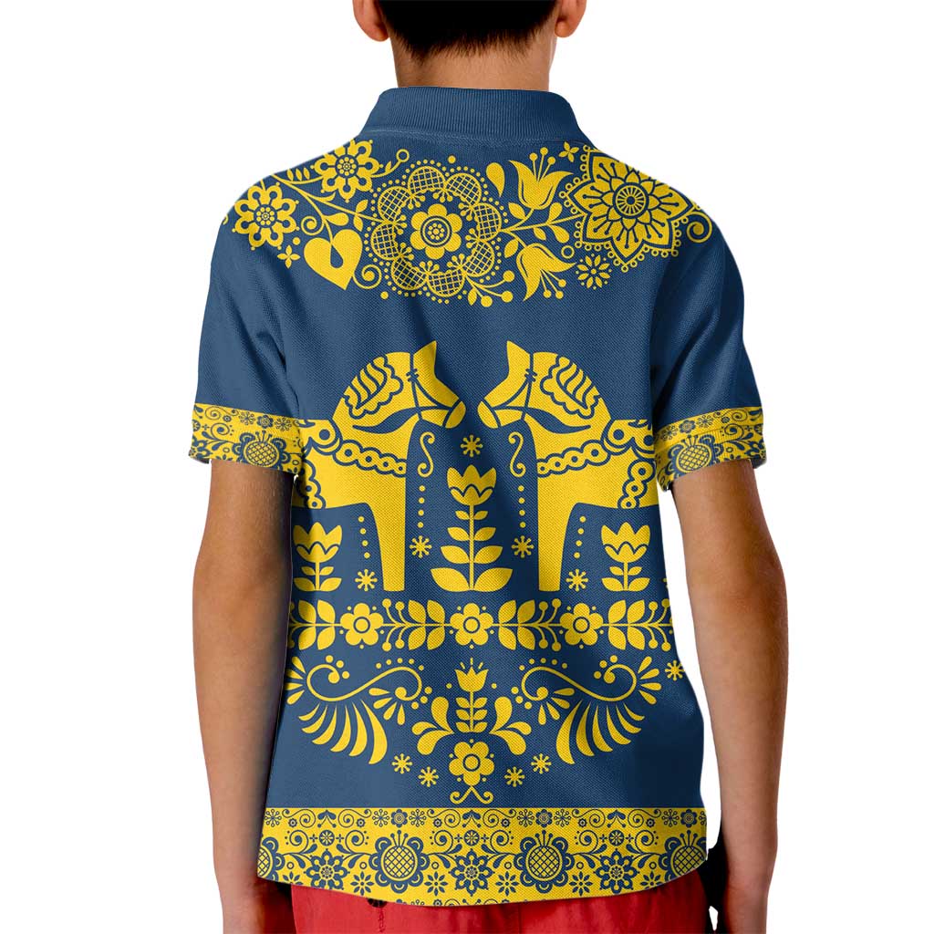 Sweden Daleclarian Horse Kid Polo Shirt Floral Folk Pattern Blue Version