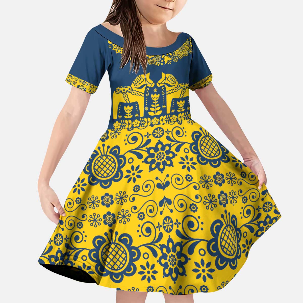 Sweden Daleclarian Horse Kid Short Sleeve Dress Floral Folk Pattern Blue Version