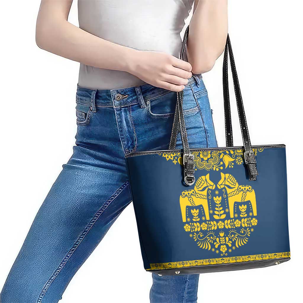 Sweden Daleclarian Horse Leather Tote Bag Floral Folk Pattern Blue Version