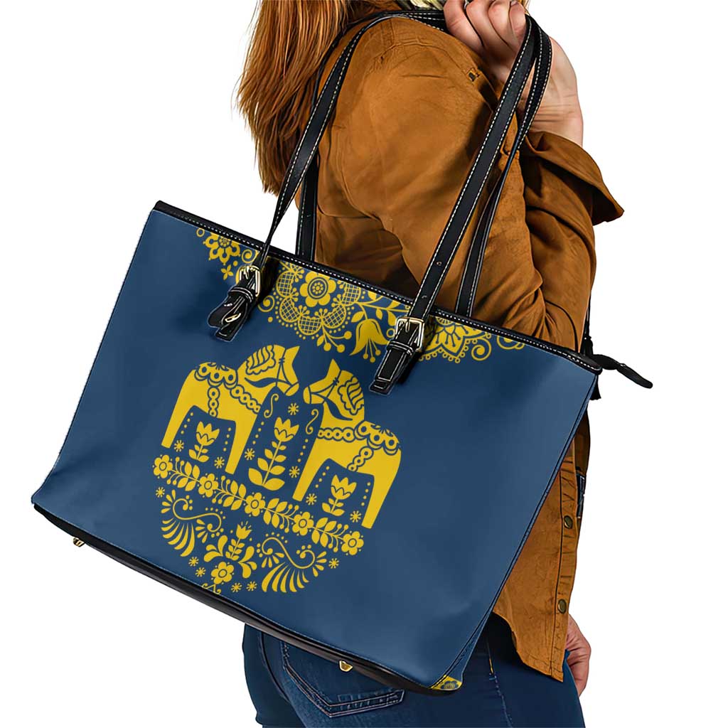 Sweden Daleclarian Horse Leather Tote Bag Floral Folk Pattern Blue Version