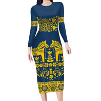 Sweden Daleclarian Horse Long Sleeve Bodycon Dress Floral Folk Pattern Blue Version