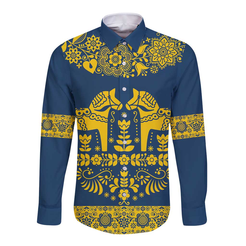 Sweden Daleclarian Horse Long Sleeve Button Shirt Floral Folk Pattern Blue Version